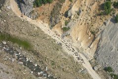 Bild: Seta-Schlucht - Hirt mit Ziegenherde auf Schotterstraße zwischen Fluß und Felswand zoom