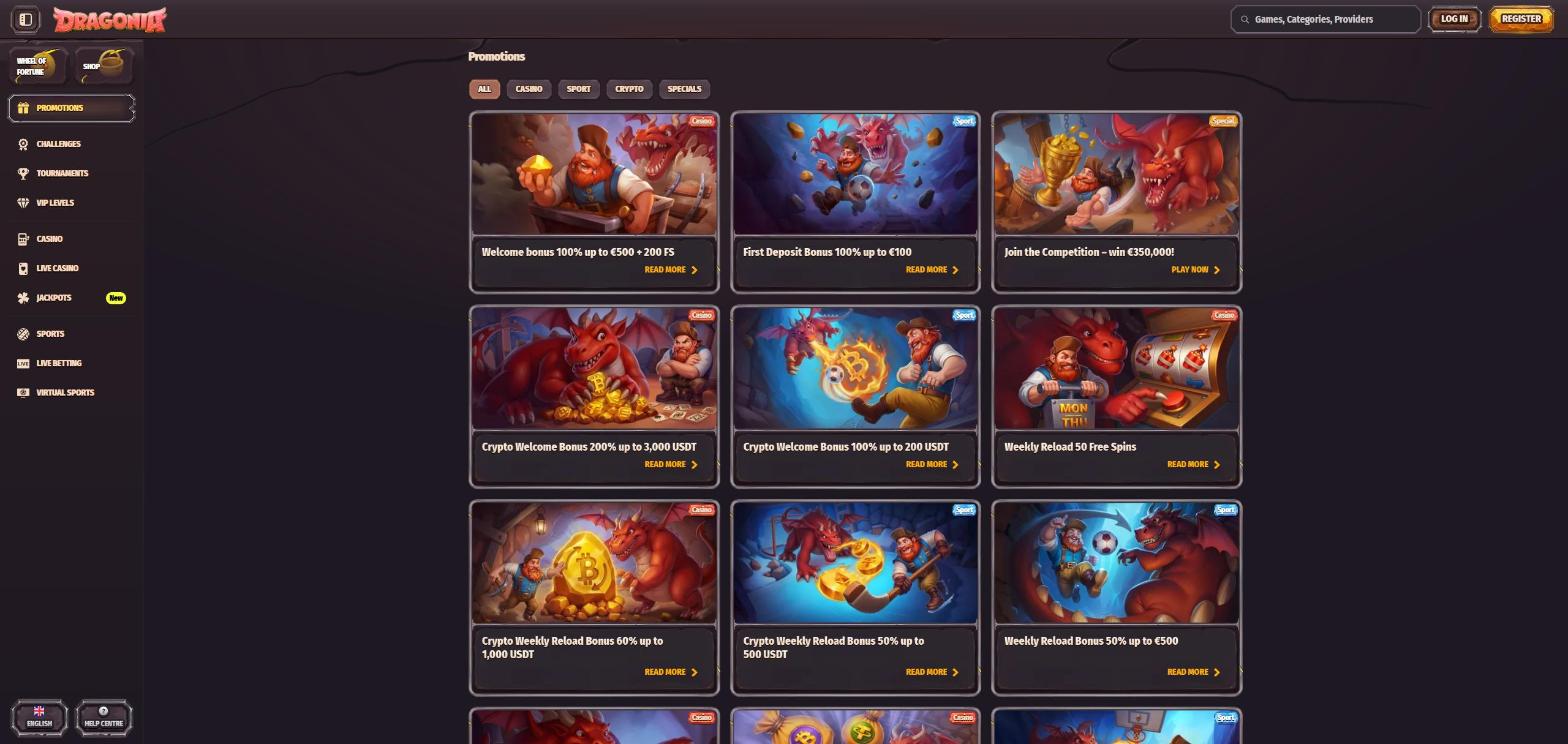 Promotionsseite von Dragonia mit Willkommensbonus, Sportbonus und Krypto-Angeboten