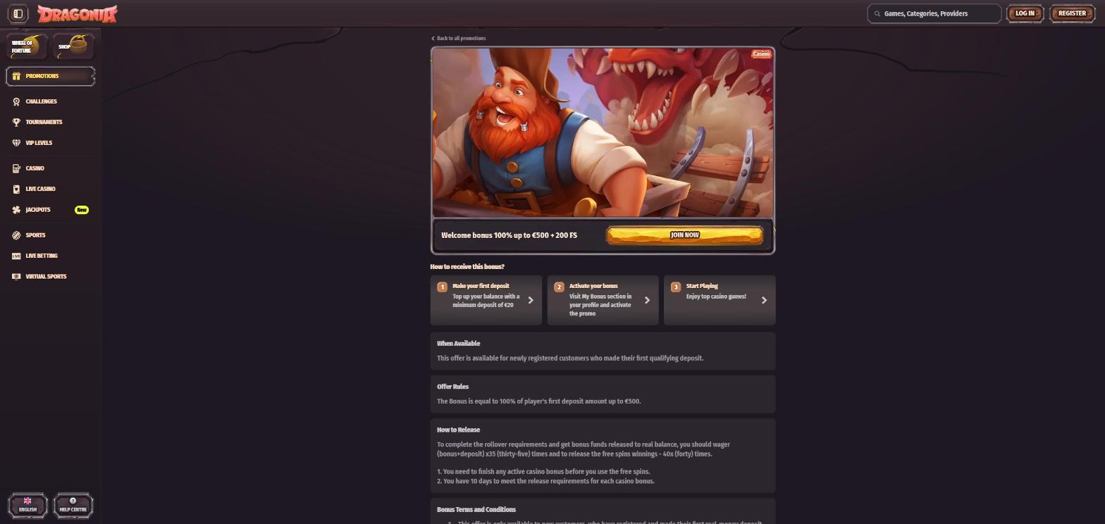 Bonusbedingungen von Dragonia mit Umsatzvorgabe Bonus plus Einzahlung mal 35