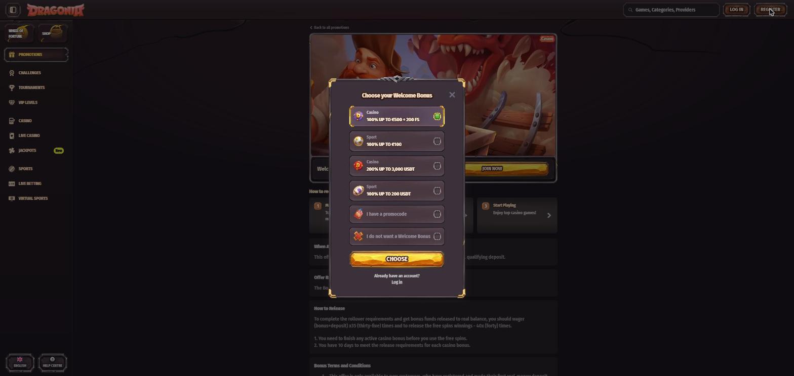 Erster Schritt der Registrierung bei Dragonia mit der Auswahl des Willkommensbonus