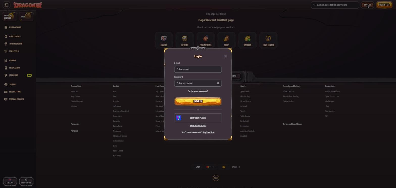 Login-Fenster von Dragonia Casino mit E-Mail, Passwort und PlayID