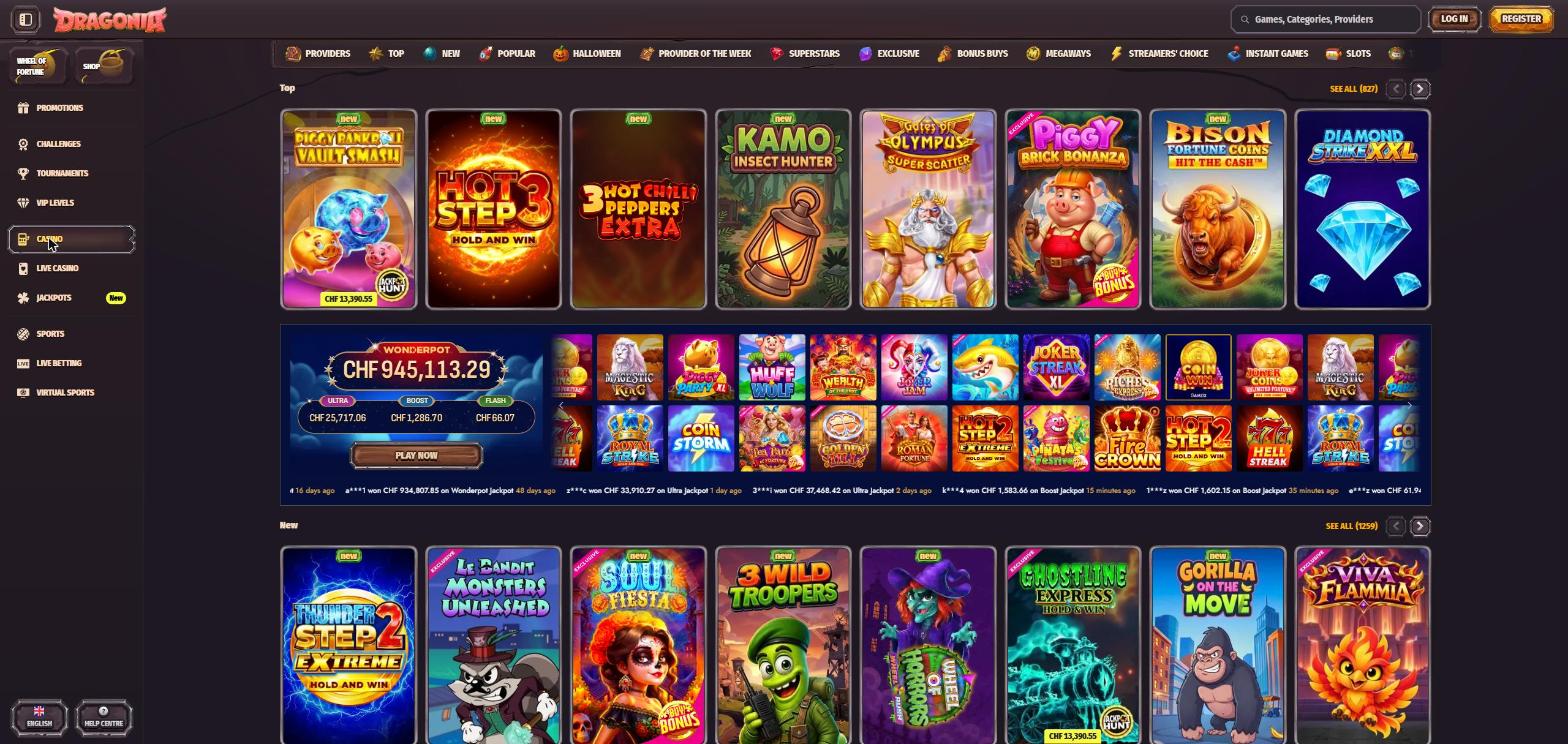 Spielelobby von Dragonia online casino mit Jackpotanzeige WonderPot in Schweizer Franken