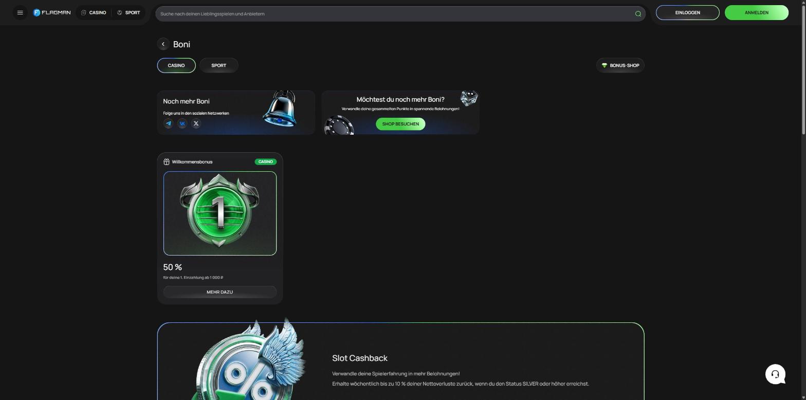 Bonusseite von Flagman Casino mit dem Willkommensbonus über 50 Prozent