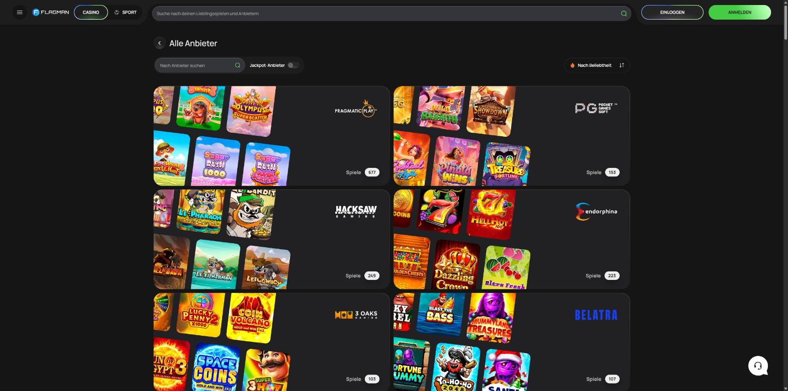 Anbieterseite von Flagman Casino mit Spielzahlen je Studio
