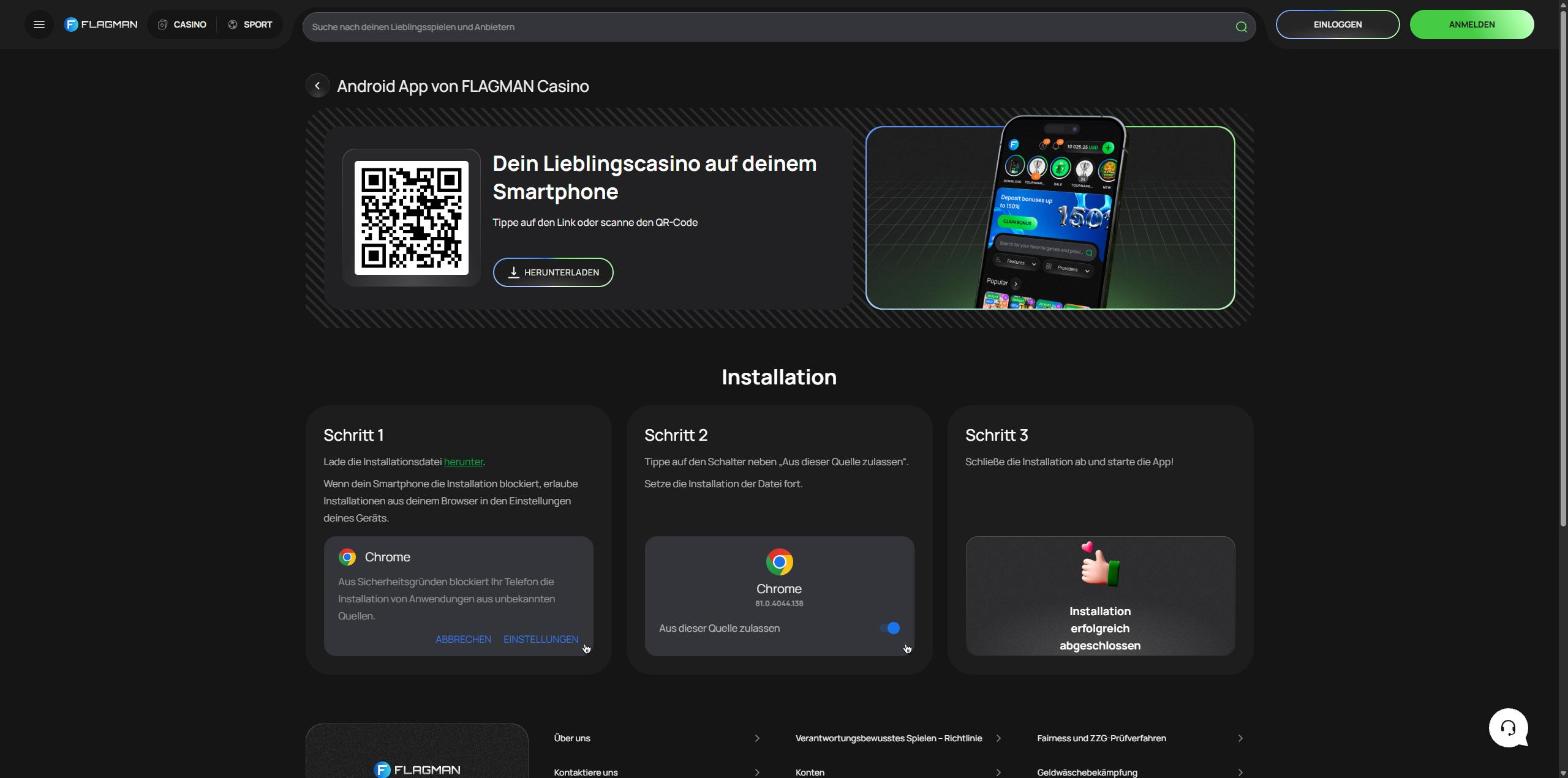 App-Seite von Flagman Casino mit QR-Code und dreistufiger Installationsanleitung
