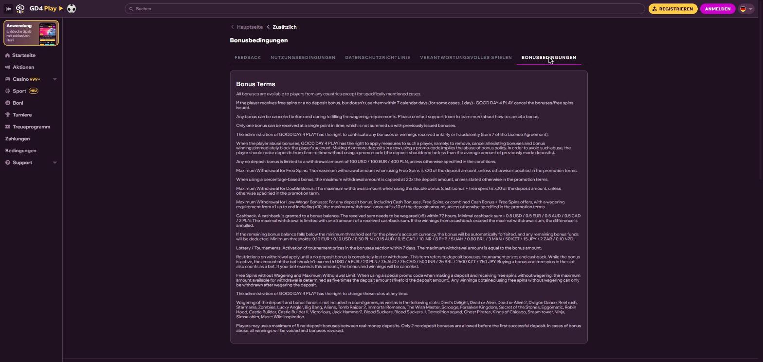 Seite mit den Bonusbedingungen von GDFplay, Maximaleinsatz und Auszahlungsgrenzen