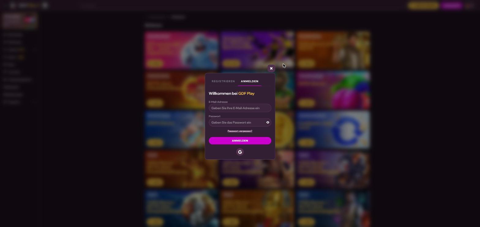 Login-Fenster von GDFplay mit E-Mail, Passwort und Link zum Zurücksetzen