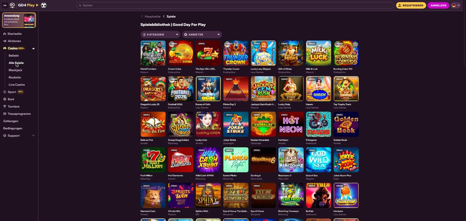 Spielebibliothek von GDFplay mit Kategorie- und Anbieterfilter