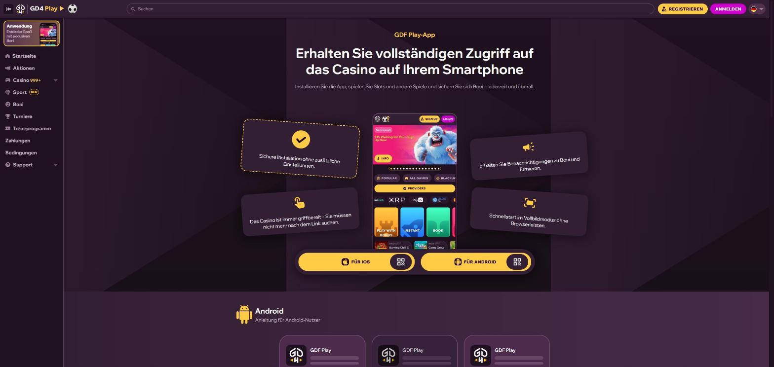 App-Seite von GDFplay mit Anleitungen für Android und iOS
