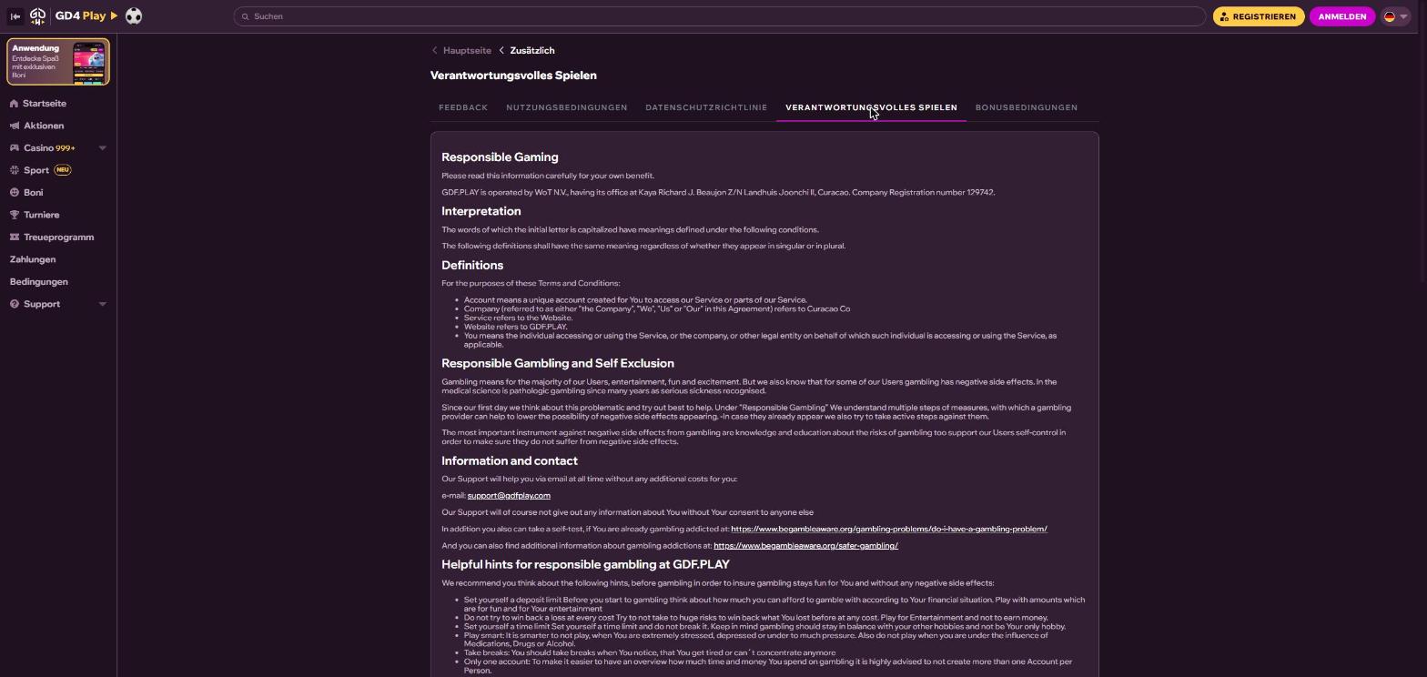 Seite zum verantwortungsvollen Spielen bei GDFplay mit Regeln zum Selbstausschluss