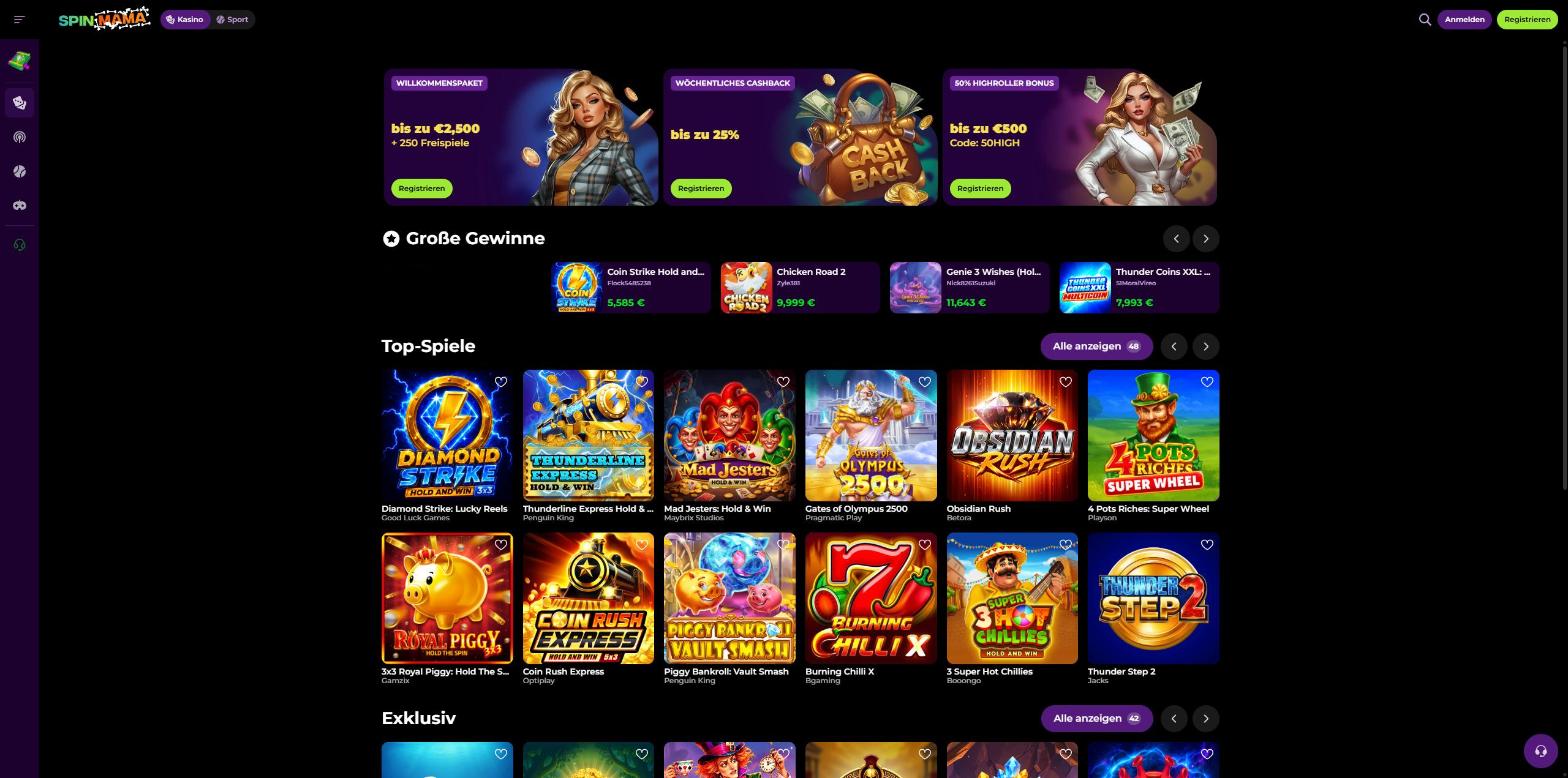 Startseite von Spinmama Casino in der Schweizer Sprachversion mit Willkommenspaket