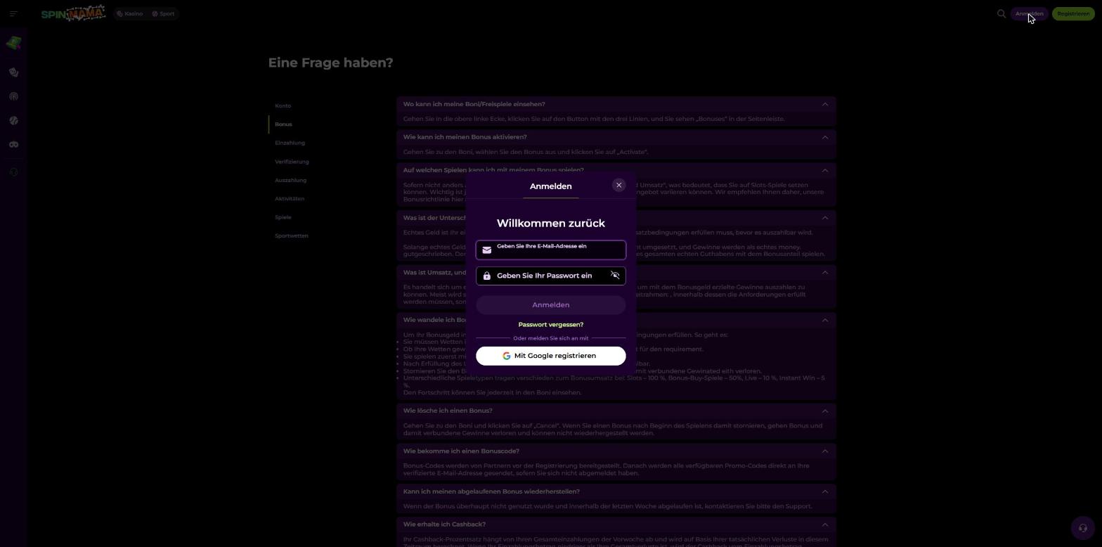 Anmeldefenster von Spinmama mit E-Mail, Passwort und Google-Anmeldung