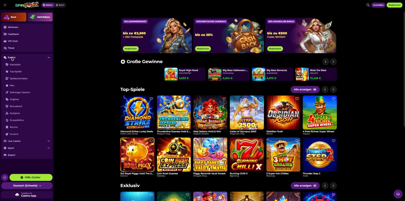 Seitenmenü von Spinmama mit allen Spielkategorien und der Spielelobby